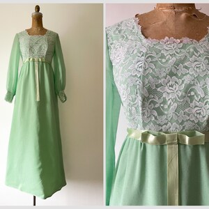 Vintage 1970s spearmint green maxi dress 70s prom dress, long sleeve gown, sheer organdy & lace, XS image 2