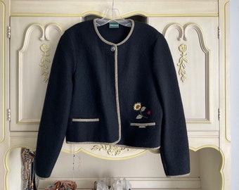 Vintage Geiger Austria boiled wool jacket | black wool Tyrol jacket, sunflower embroidery, women’s 38 M