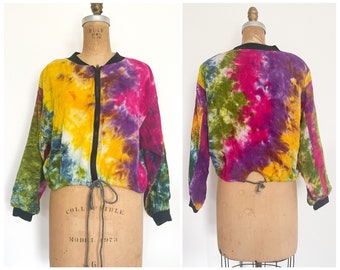 90s trippy rave aesthetic, colorful tie dye cropped bomber jacket, true vintage ‘80s ‘90s | Indian cotton rayon, hippie revival