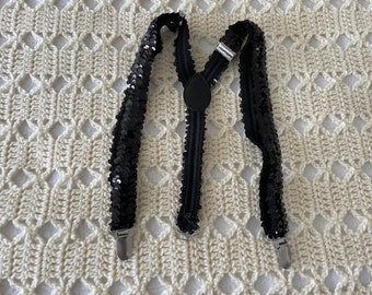 Vintage Y2K black sequin suspenders, sparkly, Halloween costume, rave, runway vibes, whimsical, whimsigoth, adjustable