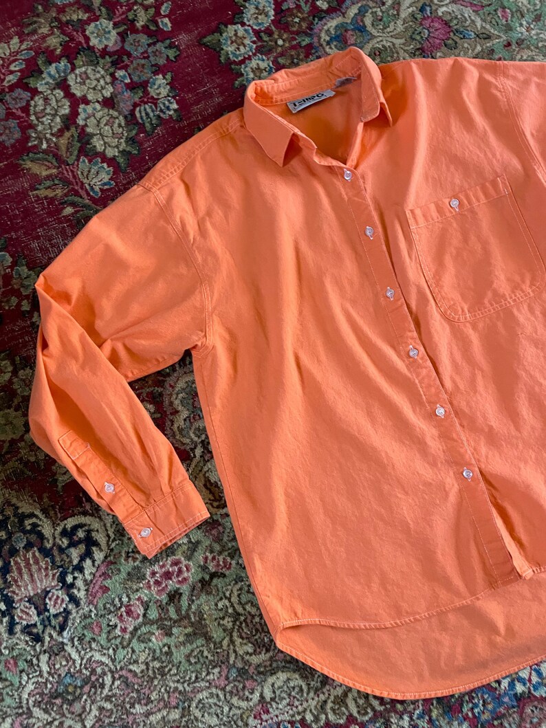 Vintage 80s neon orange button down shirt 90s aesthetic, all cotton shirt, boxy with longer back tail, Halloween image 2