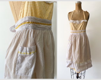 Vintage pinafore apron, yellow gingham & dotted Swiss | handmade, size XXS women or L girls