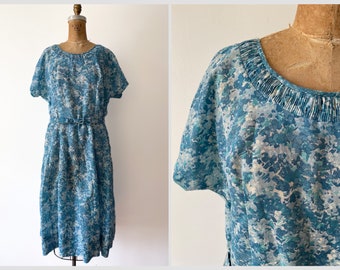 True vintage 1950’s ‘60s blue floral print day dress | handmade blue floral dress, semi sheer Spring dress, M or L