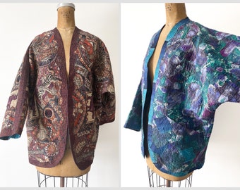 Art to wear REVERSIBLE handmade artisan quilted jacket, vintage ‘90s one of a kind | Whimsical aesthetic, kimono jacket, S/M