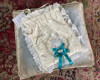 Vintage ‘80s cream lace bridal keepsake bag | vintage wedding, Lolita aesthetic, prom, teal satin ribbons, bridal shower gift, coquette