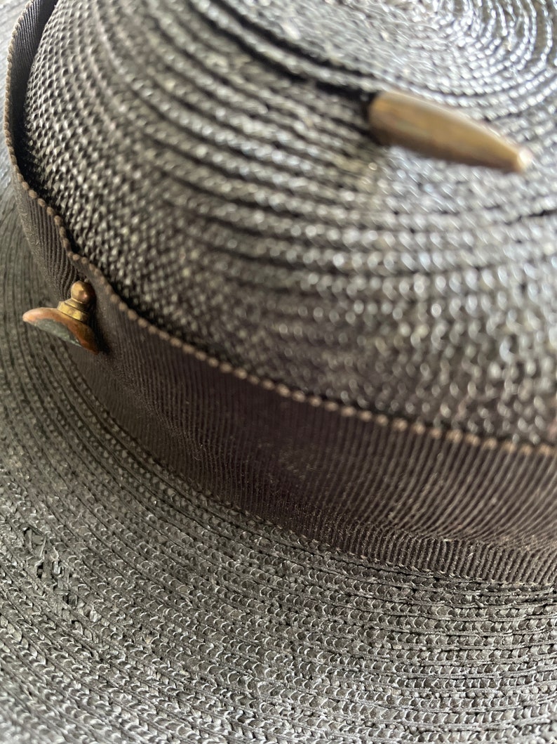 Antique early 20th century childrens hat, black woven straw hat with grosgrain ribbon Edwardian era girls hat, ladies tilt hat, topper image 6