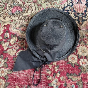 Antique early 20th century childrens hat, black woven straw hat with grosgrain ribbon Edwardian era girls hat, ladies tilt hat, topper image 1