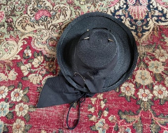 Antique early 20th century children’s hat, black woven straw hat with grosgrain ribbon | Edwardian era girl’s hat, ladies tilt hat, topper