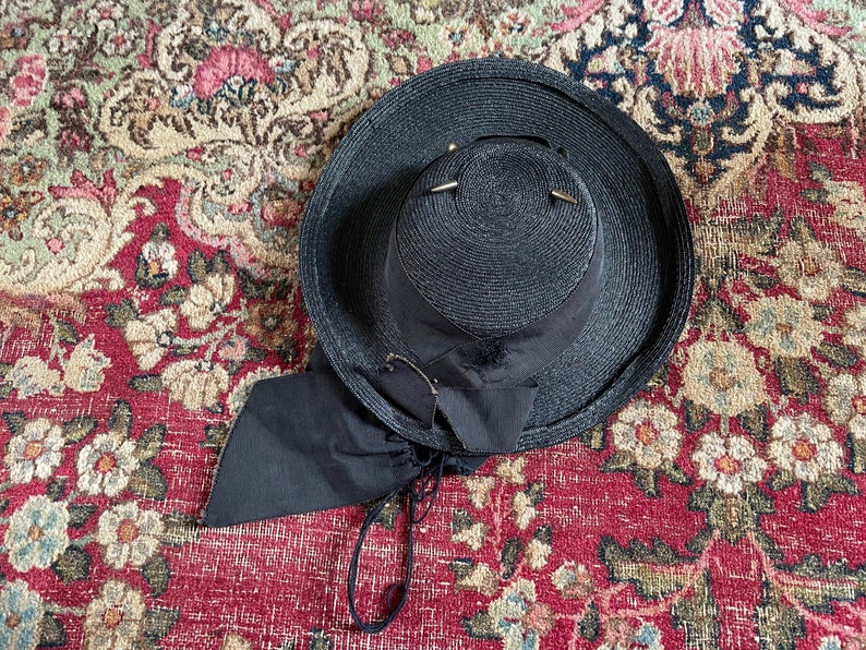 Antique early 20th century childrens hat, black woven straw hat with grosgrain ribbon Edwardian era girls hat, ladies tilt hat, topper image 1