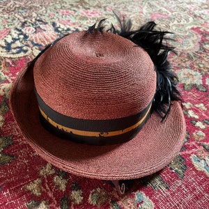 Antique early 20th century childrens hat, woven straw hat with black feather plume Edwardian era girls hat, ladies tilt hat, topper image 9