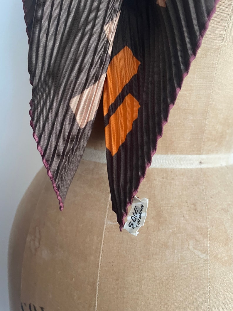 Autumn vibes 70s LANVIN PARIS chocolate brown silk scarf, orange & plum, accordion pleated scarf, soir, designer scarf, made in France image 8