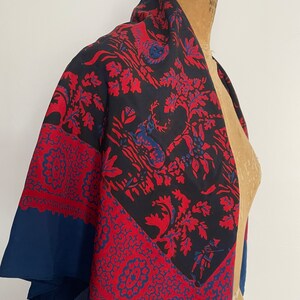 Gorgeous vintage Indian silk scarf, red & navy blue figural, lions, deer print scarf, extra large scarf image 4