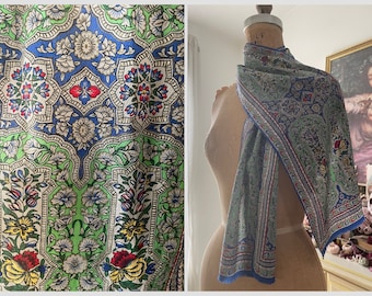Vintage Oscar de la Renta bohemian silk scarf | long rectangular scarf, intricate India floral pattern