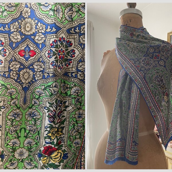 Vintage Oscar de la Renta bohemian silk scarf | long rectangular scarf, intricate India floral pattern