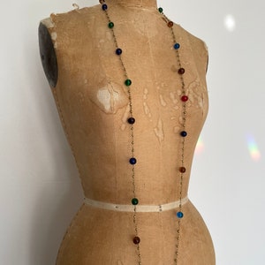 Vintage 70s Indian hand wired glass beaded necklace long flapper chain, colorful bohemian necklace, gem tone glass beads & brass image 5