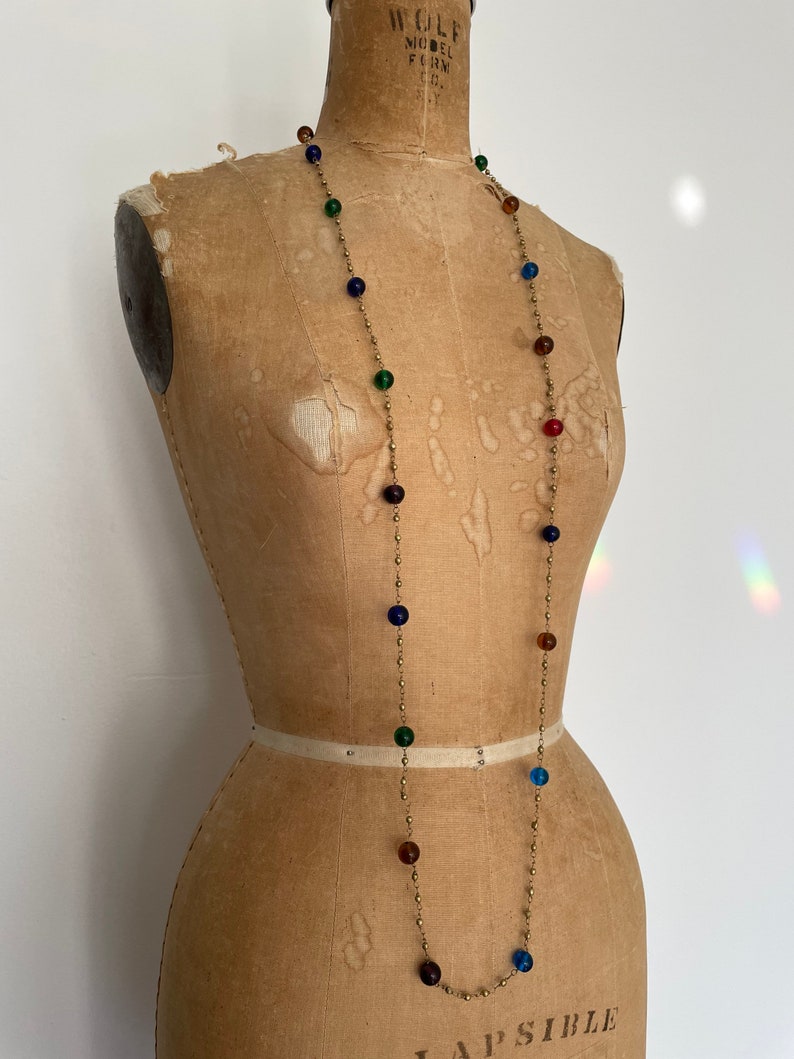 Vintage 70s Indian hand wired glass beaded necklace long flapper chain, colorful bohemian necklace, gem tone glass beads & brass image 5