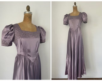 True vintage 1940’s lavender satin full length evening gown | ‘40s formal dress, basque waist, puff sleeves, quilting with gold threads, S