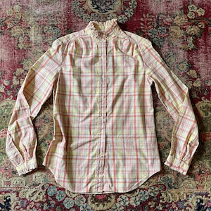 Vintage ‘80s JG HOOK plaid high ruffled collar blouse | 1980s preppy shirt, ladies S