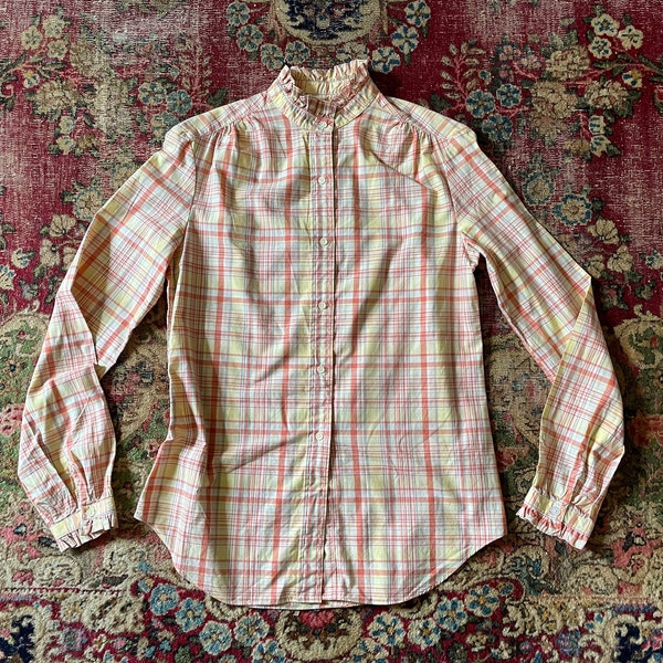 Vintage ‘80s JG HOOK plaid high ruffled collar blouse | 1980s preppy shirt, ladies S