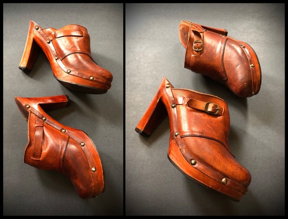 vintage 1970s high heel platform clogs, wood heel