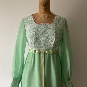 Vintage 1970s spearmint green maxi dress 70s prom dress, long sleeve gown, sheer organdy & lace, XS image 6