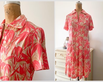 Vintage 1970’s neon coral house dress, pink & beige tropical print dress | Halloween costume, bamboo leaf print, resort loungewear, XS/S
