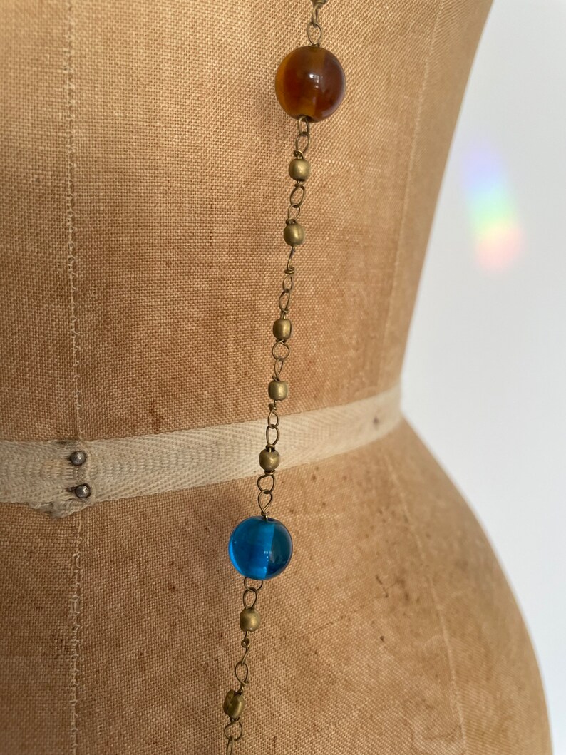 Vintage 70s Indian hand wired glass beaded necklace long flapper chain, colorful bohemian necklace, gem tone glass beads & brass image 2