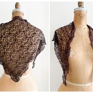 Vintage 1950s dark burgundy wine lace scarf, vintage head scarf, goth aesthetic, gothic scarf image 1