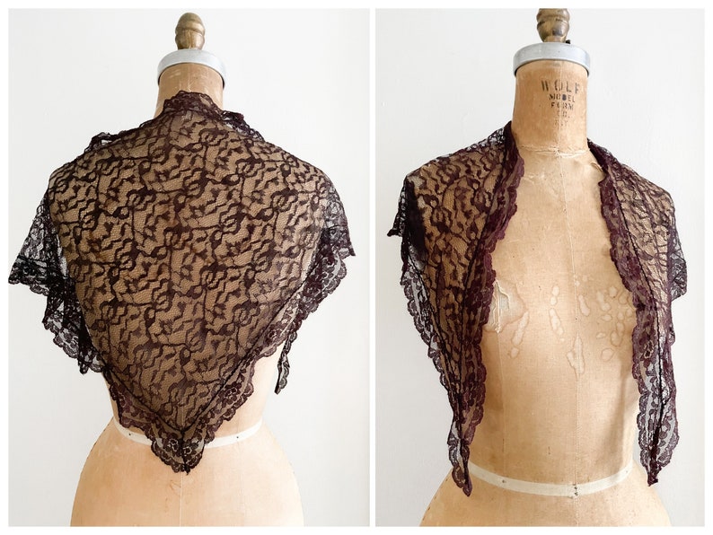 Vintage 1950s dark burgundy wine lace scarf, vintage head scarf, goth aesthetic, gothic scarf image 1