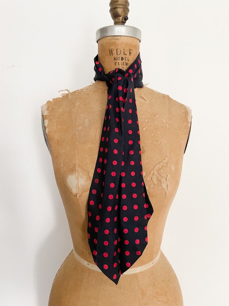 Vintage 80s all silk cravat, neck scarf navy blue & red polka dot, beautiful quality image 5