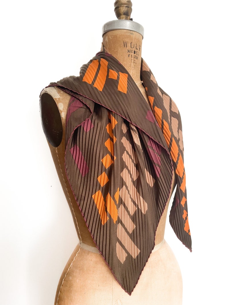 Autumn vibes 70s LANVIN PARIS chocolate brown silk scarf, orange & plum, accordion pleated scarf, soir, designer scarf, made in France image 5