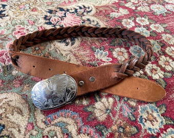 Vintage ‘70s brown leather braided belt with silver rooster buckle from Tijuana