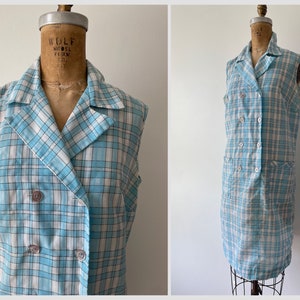 Vintage 1970’s cerulean blue plaid plisse sleeveless dress | ‘70s notched collar summer dress, VTG dress, M/L