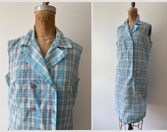 Vintage 1970’s cerulean blue plaid plisse sleeveless dress | ‘70s notched collar summer dress, VTG dress, M/L