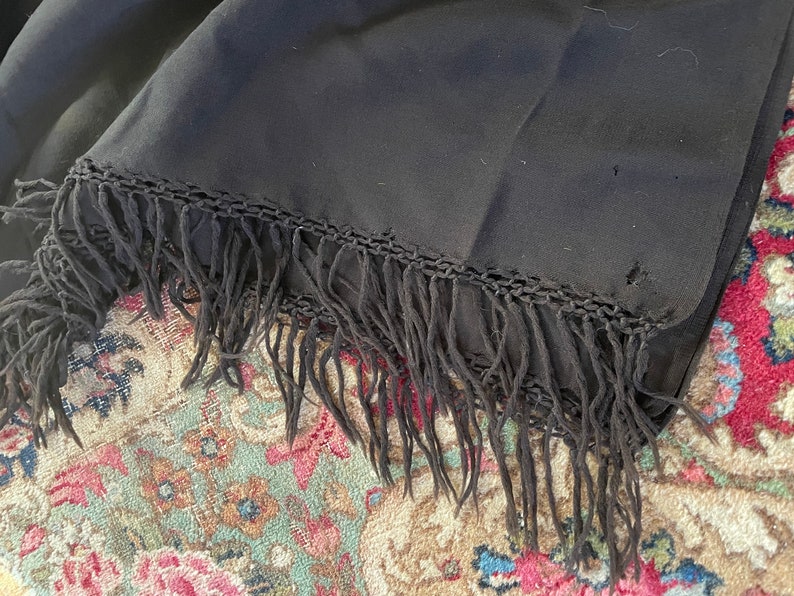 Antique Victorian mourning shawl black wool shawl with fringe, gothic home image 3