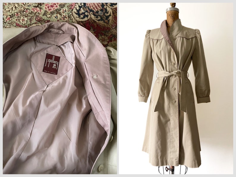 Vintage early 80s J. Gallery light tan & mauve trench coat khaki Spring jacket, belted trench coat, XS/S image 1