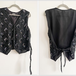 Vintage 80s 90s NIKs TOUCH black iridescent sequin vest with silk sheer back rayon & silk beaded vest, India, S/M image 1