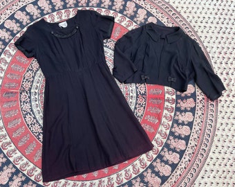 True vintage ‘50s black dress with cropped jacket set | witchy, costume, dress has some fading, M
