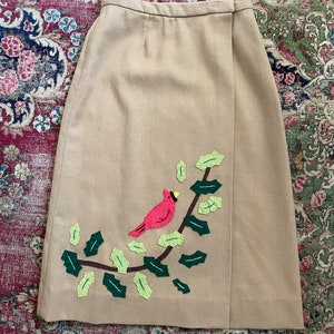 Vintage 1970s one of a kind wrap skirt with bird appliques Christmas skirt, winter holiday wool wrap skirt, red cardinal & holly, preppy image 5