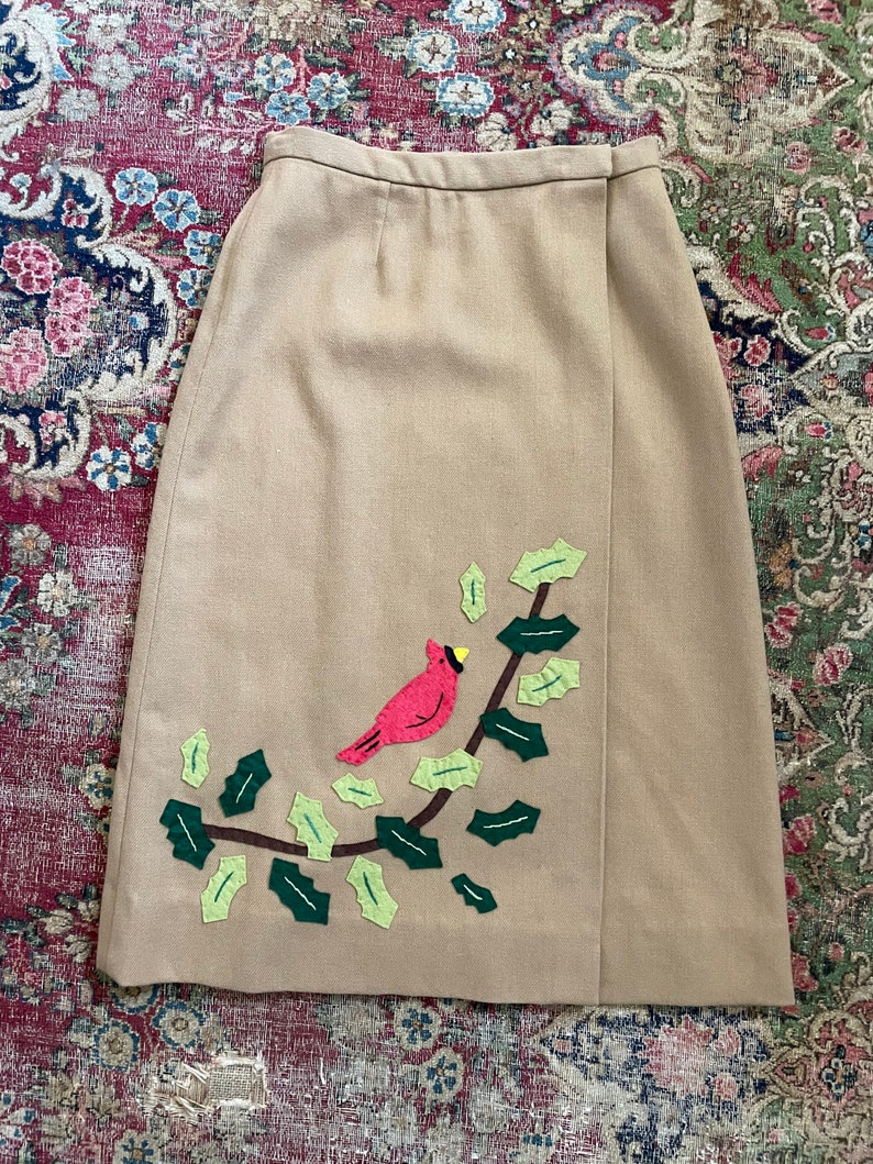 Vintage 1970s one of a kind wrap skirt with bird appliques Christmas skirt, winter holiday wool wrap skirt, red cardinal & holly, preppy image 5