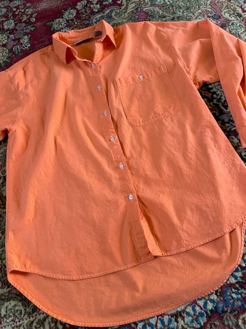 Vintage 80s neon orange button down shirt 90s aesthetic, all cotton shirt, boxy with longer back tail, Halloween image 5