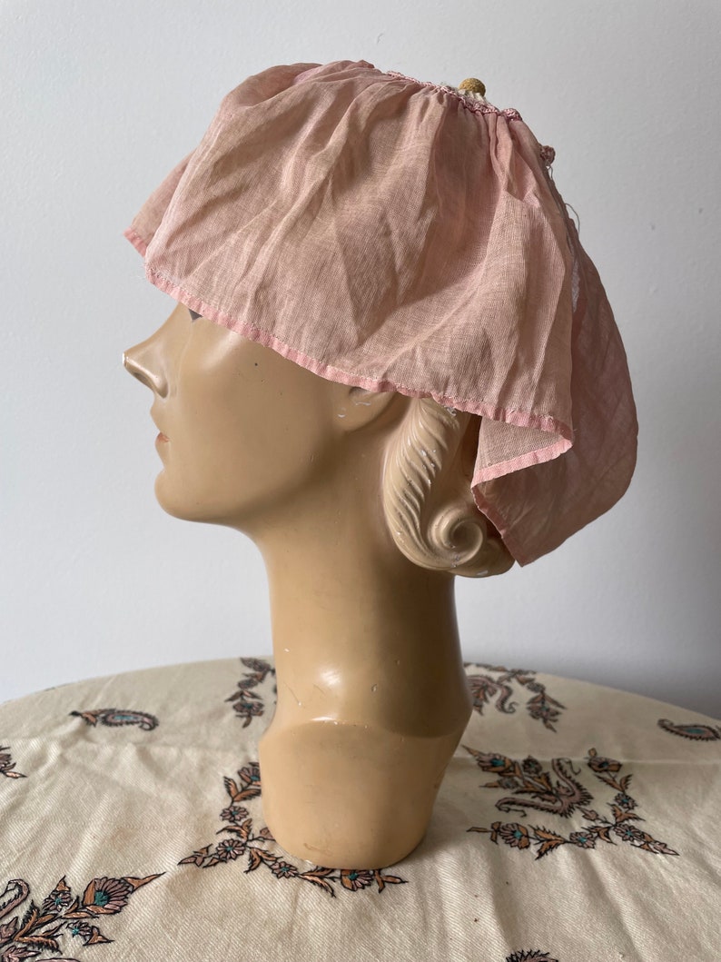 Antique 1920s 30s pale pink flower cap, flapper fairy core bride, pale pink handkerchief cotton, fairycore, cottagecore, one size adult image 2