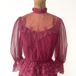Vintage 1970s early 80s 2 piece dress set Victorian lace blouse & spaghetti strap disco dress, berry wine, XS image 5