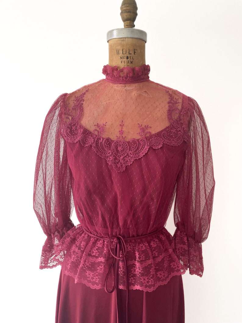 Vintage 1970s early 80s 2 piece dress set Victorian lace blouse & spaghetti strap disco dress, berry wine, XS image 5