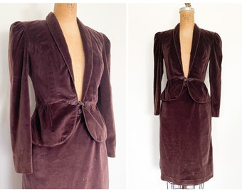 Vintage early ‘80s eggplant velvet fitted suit, skirt & peplum blazer | AS IS with hem needing repair, eighties costume, tiny fit, XXS