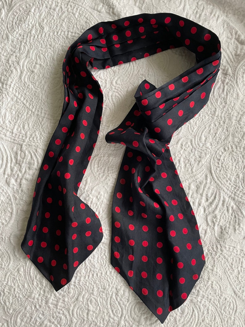 Vintage 80s all silk cravat, neck scarf navy blue & red polka dot, beautiful quality image 4