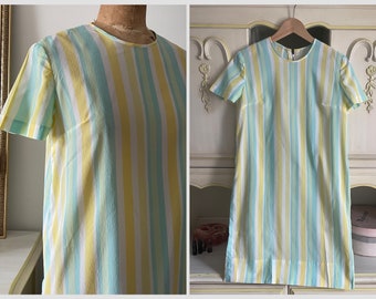 True vintage 1950’s pastel candy stripe rayon crepe dress | sorbet stripes, handmade ‘50s ‘60s dress, S