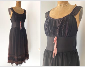 True vintage Charmode 1950’s ‘60s black chiffon nightie | gothic slip dress, 34 XS/S