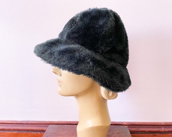 Vintage 1960’s black fuzzy faux fur bucket hat | ‘60s vegan fur hat. cozy mod hat, fake fur brim hat