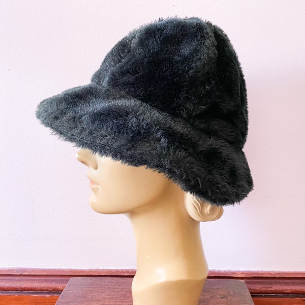 Vintage 1960’s black fuzzy faux fur bucket hat| ‘60s vegan fur hat